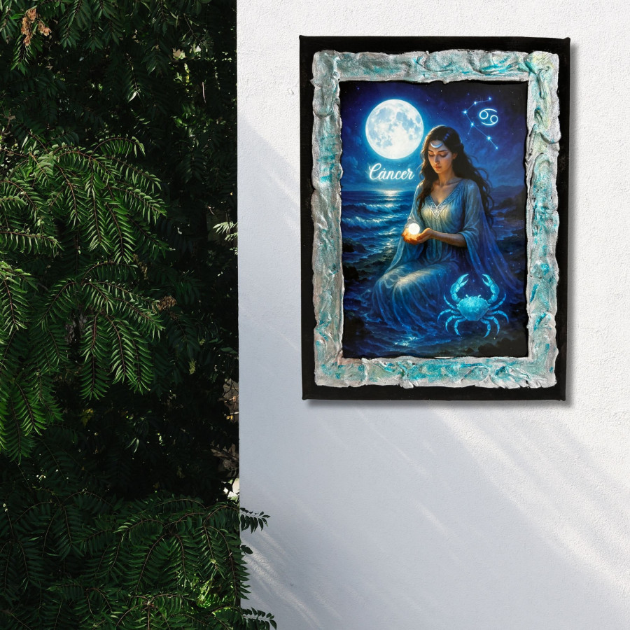 Cuadro signo Cáncer en lienzo decorado a mano colgado en pared