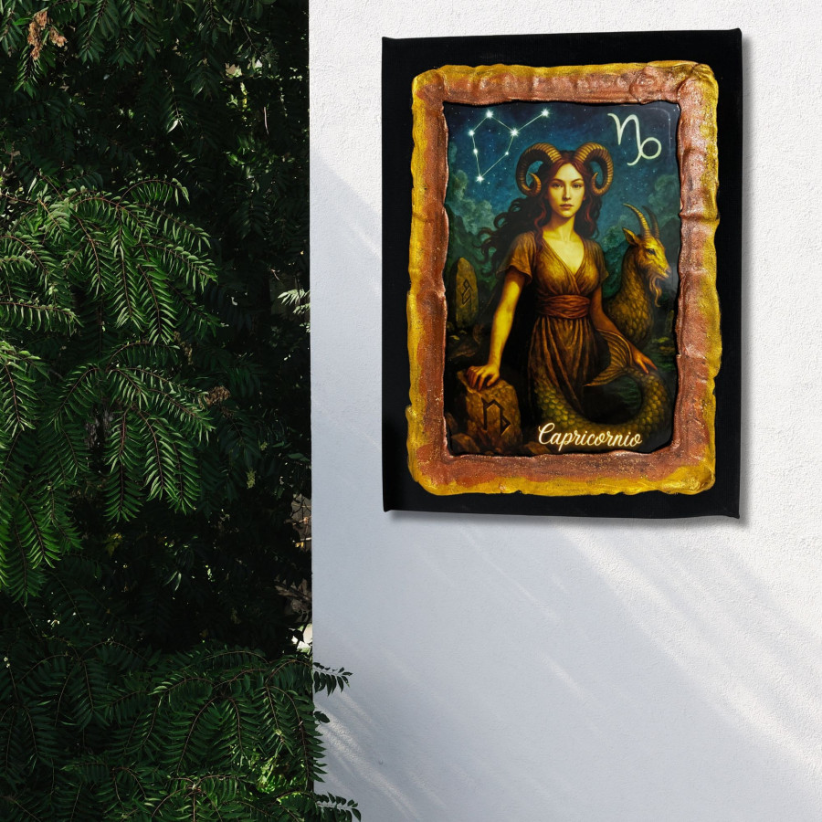 Cuadro signo Capricornio en lienzo decorado a mano colgado en pared