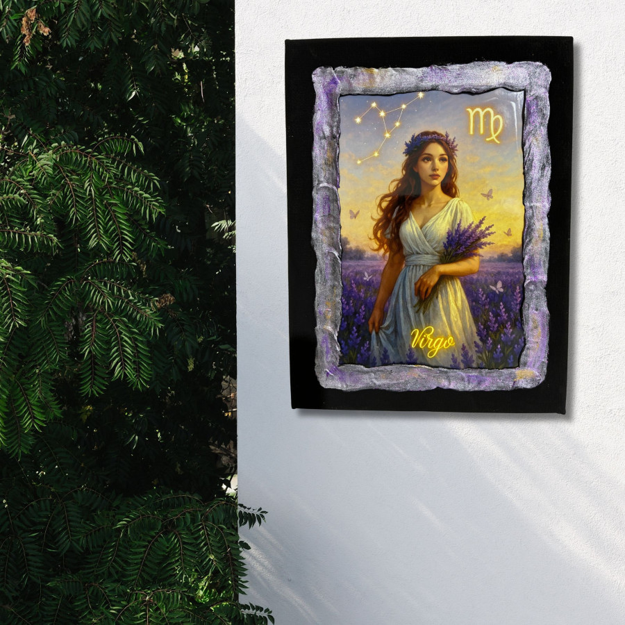 Cuadro signo Virgo en lienzo decorado a mano colgado en pared