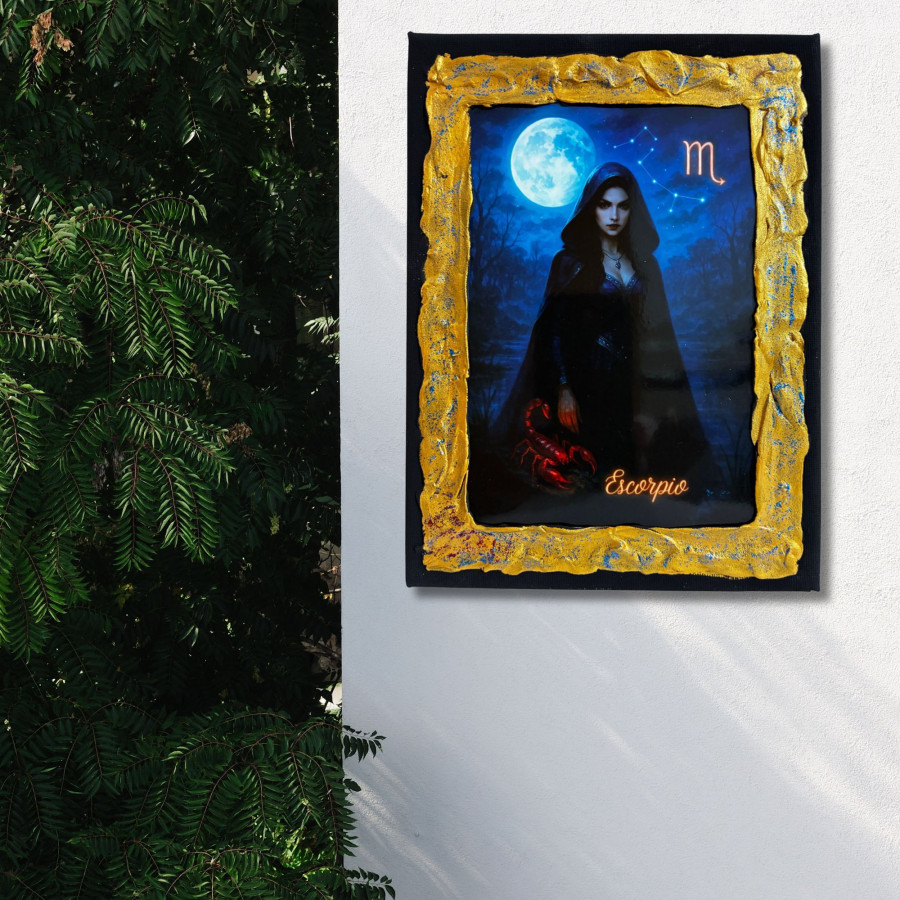 Cuadro signo Escorpio en lienzo decorado a mano colgado en pared