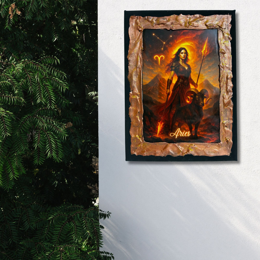 Cuadro signo Aries en lienzo decorado a mano colgado en pared