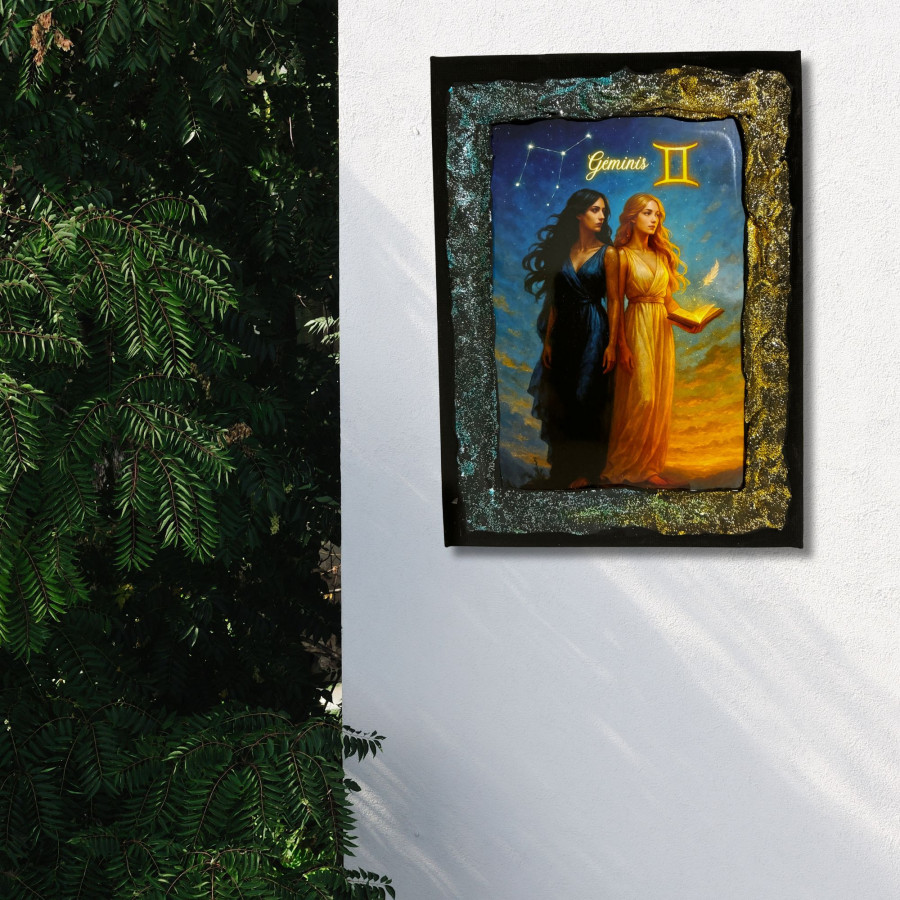 Cuadro signo Géminis en lienzo decorado a mano colgado en pared