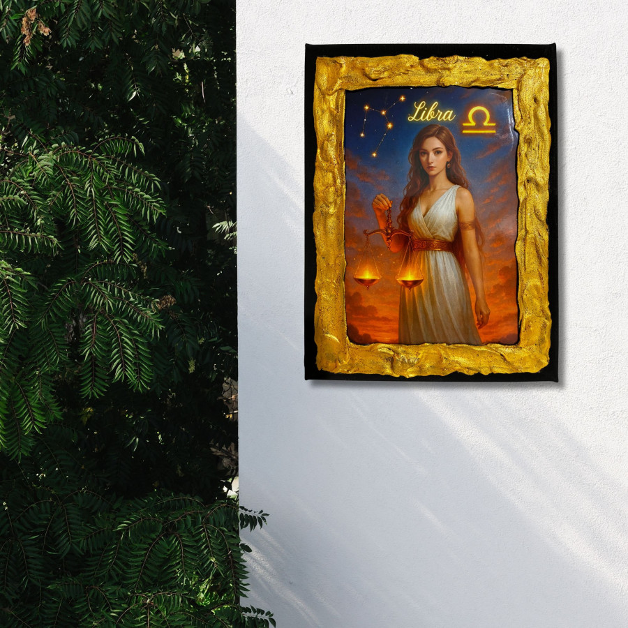 Cuadro signo Libra en lienzo decorado a mano colgado en pared