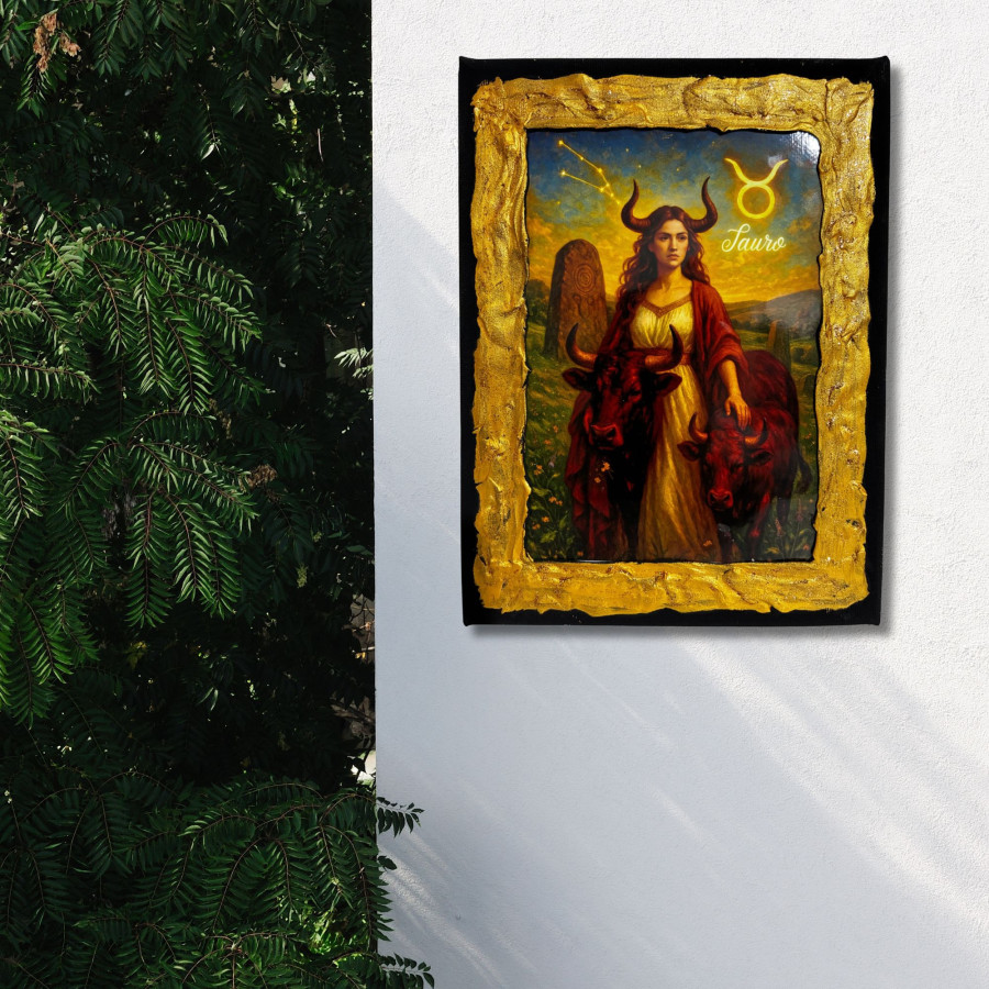 Cuadro signo Tauro en lienzo decorado a mano colgado en pared