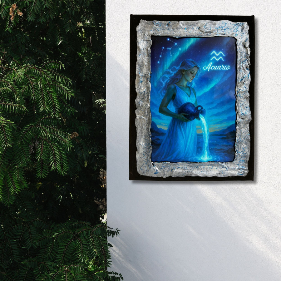 Cuadro signo Acuario en lienzo decorado a mano colgado en pared