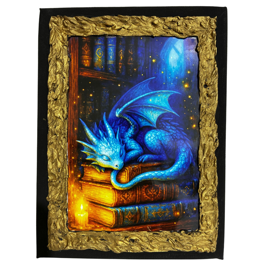Cuadro dragón azul sobre libros en lienzo decorado a mano Lunátika