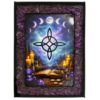Cuadro altar mágico con nudo de bruja y fases lunares en lienzo decorado a mano