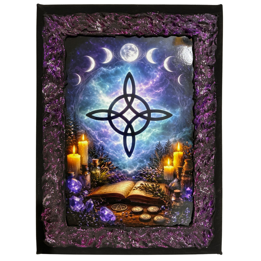 Cuadro altar mágico con nudo de bruja y fases lunares en lienzo decorado a mano