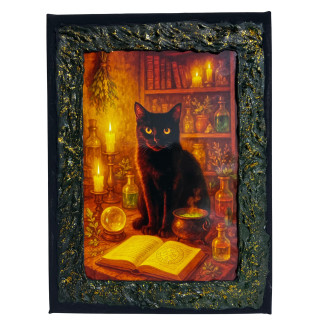 Cuadro gato negro de bruja en altar mágico con velas y grimorio