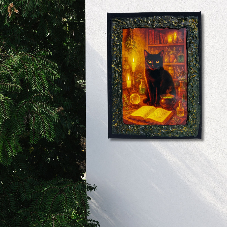 Cuadro gato negro mágico decorado a mano colgado en pared
