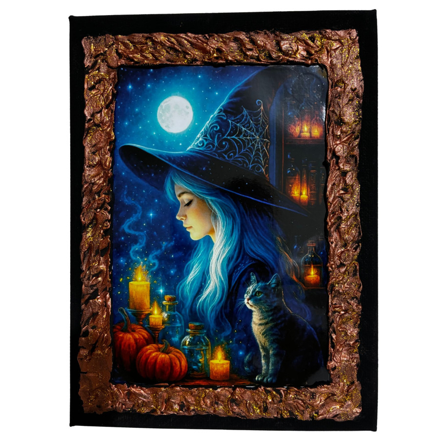 Cuadro bruja con gato familiar bajo la luna en lienzo decorado a mano
