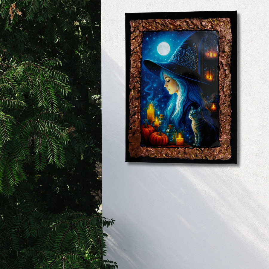 Cuadro bruja con gato mágico y velas decorado a mano colgado en pared