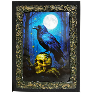 Cuadro cuervo místico bajo la luna sobre calavera en lienzo decorado a mano
