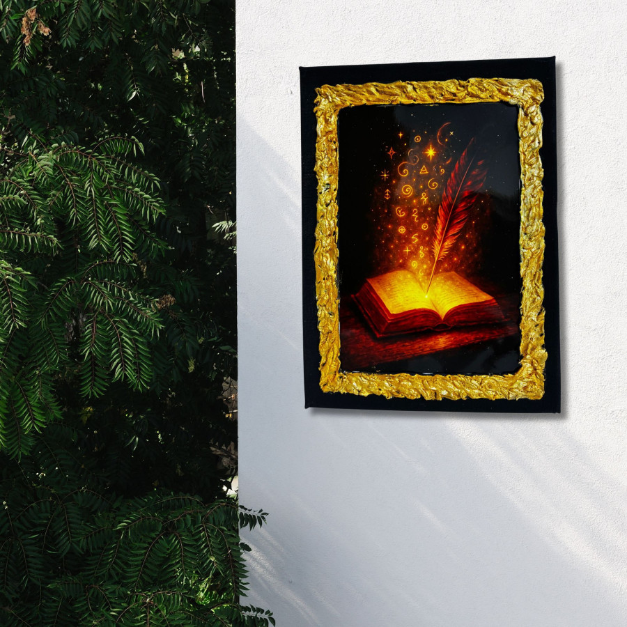 Cuadro Libro Mágico y Pluma Arcana | Lienzo Decorado a Mano