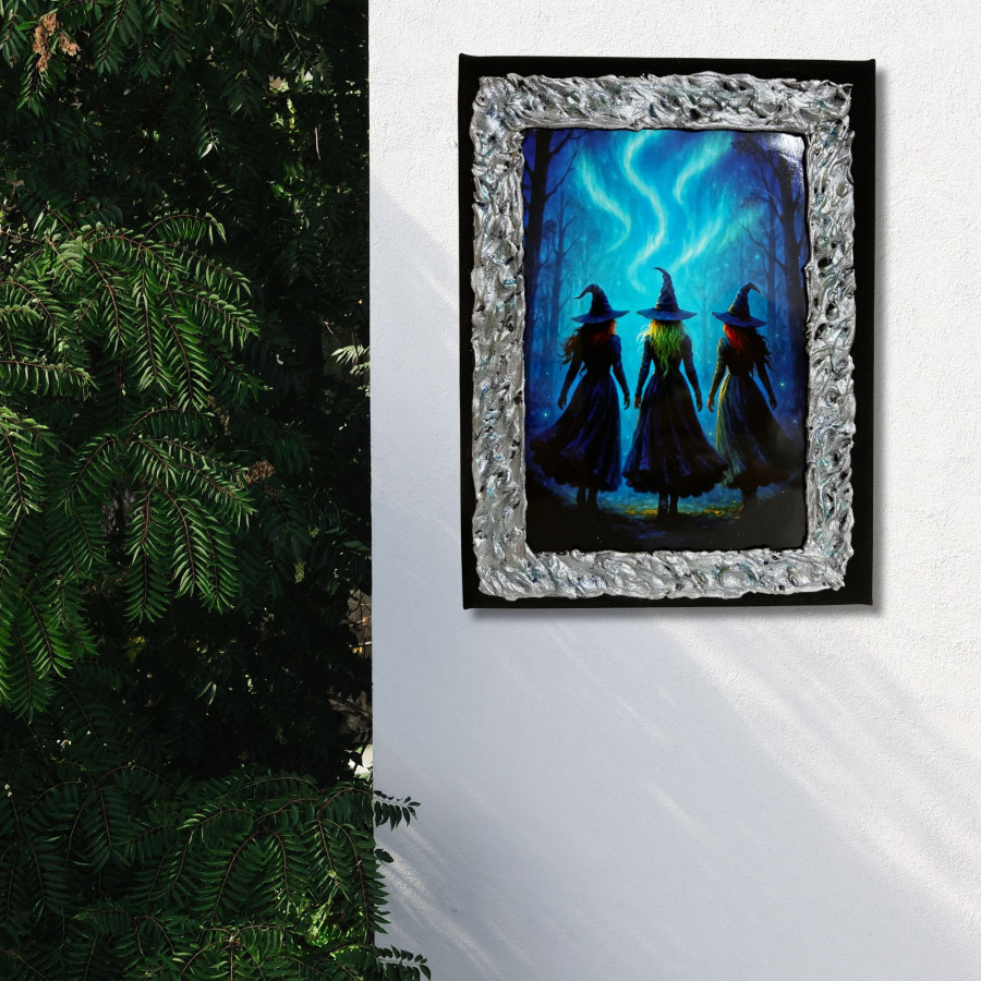 Cuadro brujas en la noche decorado a mano colgado en pared