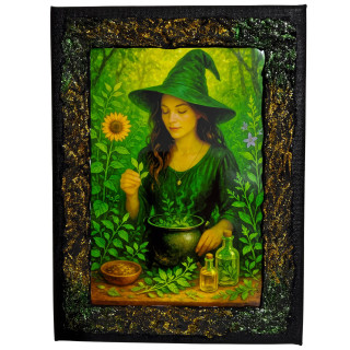 Cuadro Bruja Verde preparando hierbas mágicas en lienzo decorado a mano