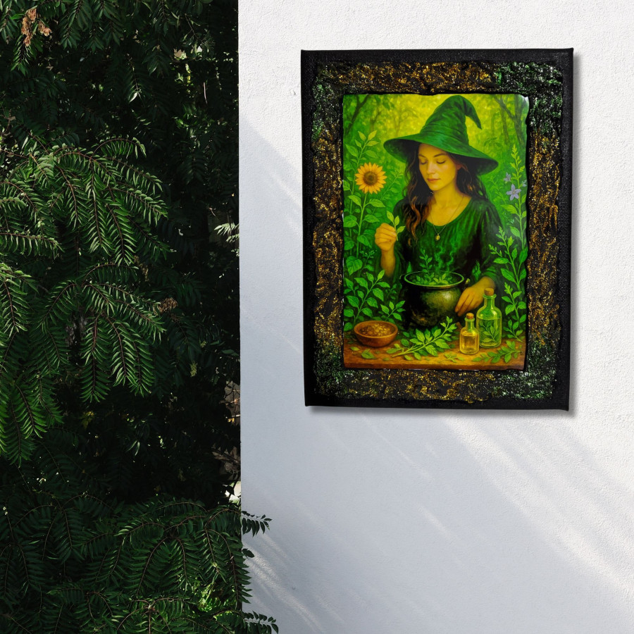 Cuadro Bruja Verde decorado a mano colgado en pared
