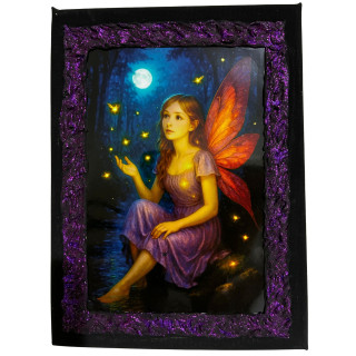 Cuadro hada del bosque rodeada de luciérnagas bajo la luna en lienzo decorado a mano