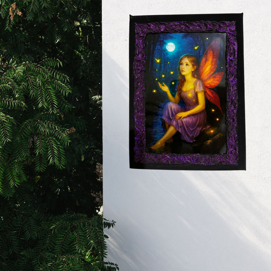 Cuadro hada del bosque con luciérnagas decorado a mano colgado en pared