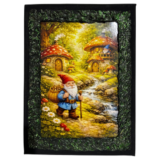 Cuadro gnomo del bosque con casas de setas y arroyo en lienzo decorado a mano