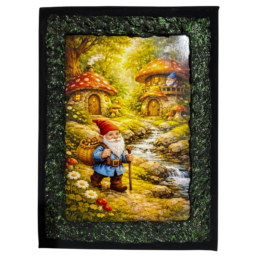 Cuadro gnomo del bosque con casas de setas y arroyo en lienzo decorado a mano