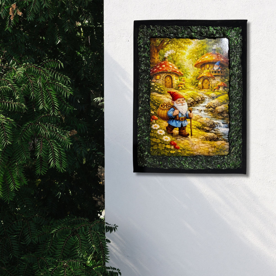 Cuadro gnomo del bosque con casas de setas decorado a mano colgado en pared