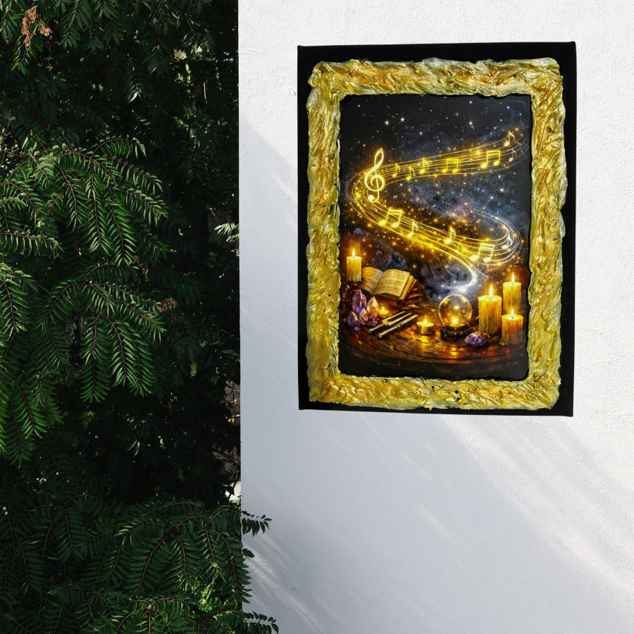 Cuadro magia de la música con altar de velas y notas musicales luminosas colgado en pared