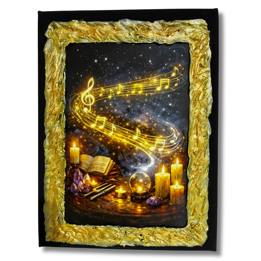 Cuadro magia de la música con notas musicales brillantes y altar esotérico con velas