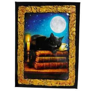 Cuadro gato negro dormido sobre libros bajo la luna en escena mágica