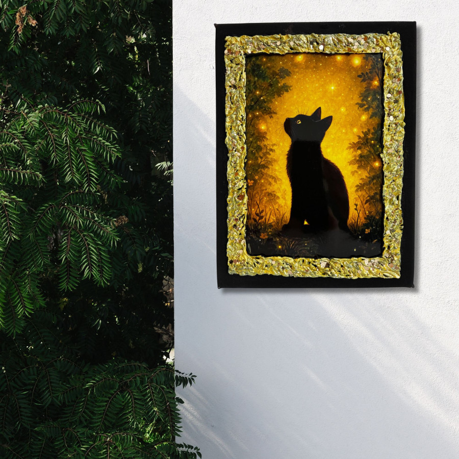 Cuadro gato negro entre estrellas en bosque mágico decorado a mano colgado en pared