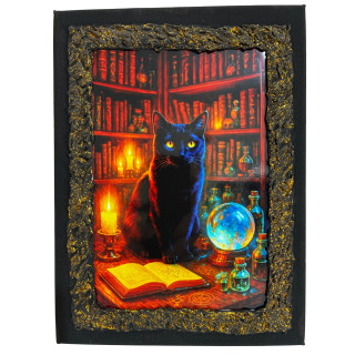 Cuadro gato negro en altar de alquimia con libros, velas y bola de cristal