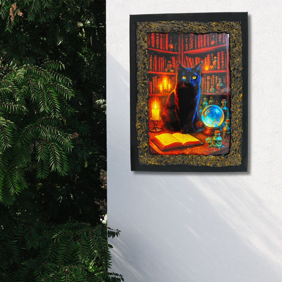 Cuadro gato negro mágico en altar de alquimia decorado a mano colgado en pared