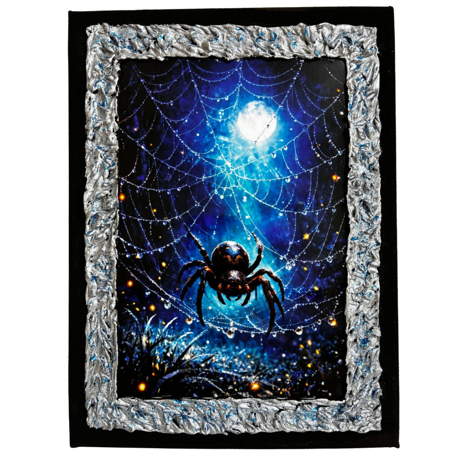 Cuadro araña en telaraña iluminada por la luna en escena mágica nocturna