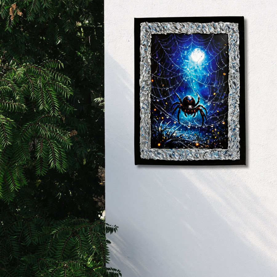 Cuadro araña en telaraña bajo la luna decorado a mano colgado en pared