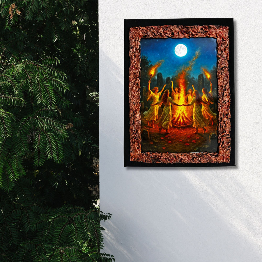 Cuadro aquelarre de brujas bajo la luna decorado a mano colgado en pared