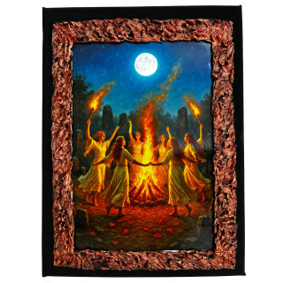 Cuadro aquelarre de brujas bailando alrededor del fuego bajo la luna llena