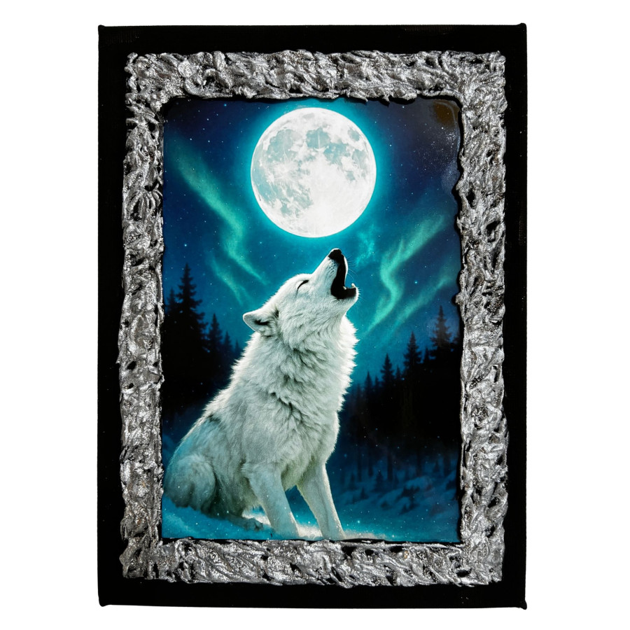 Cuadro lobo blanco aullando bajo la luna llena en bosque nocturno