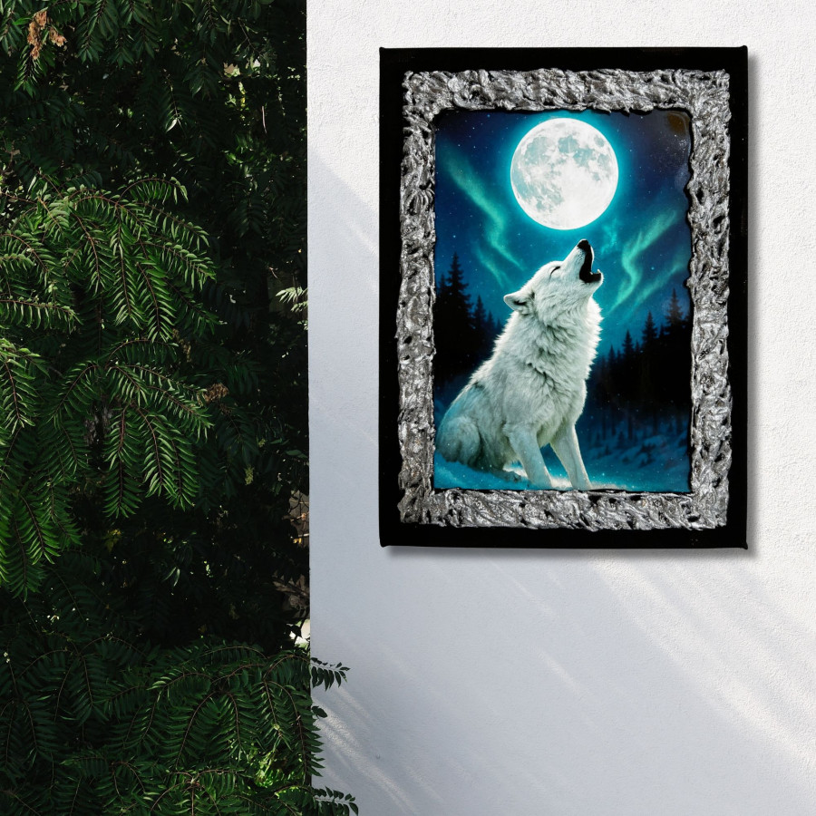 Cuadro lobo blanco bajo la luna decorado a mano colgado en pared