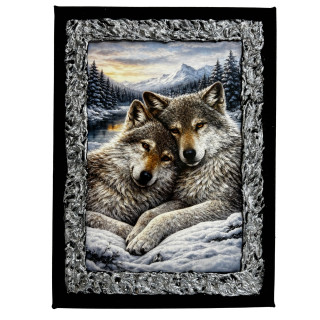 Cuadro pareja de lobos en paisaje nevado de montaña