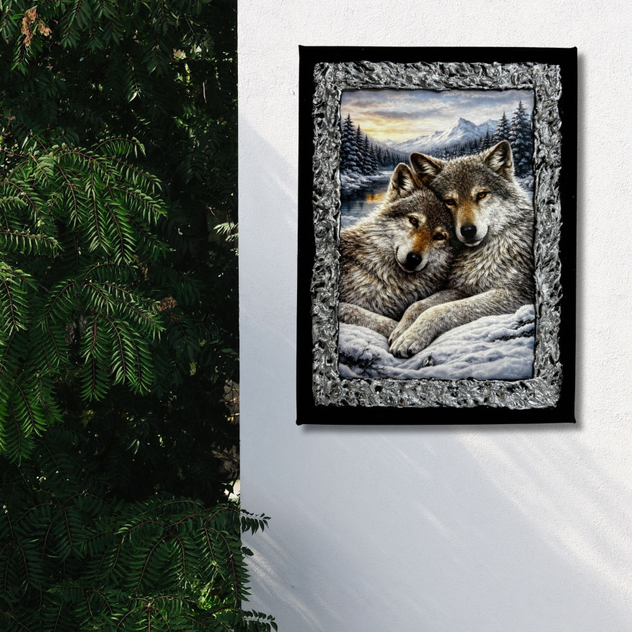 Cuadro pareja de lobos en la nieve decorado a mano colgado en pared