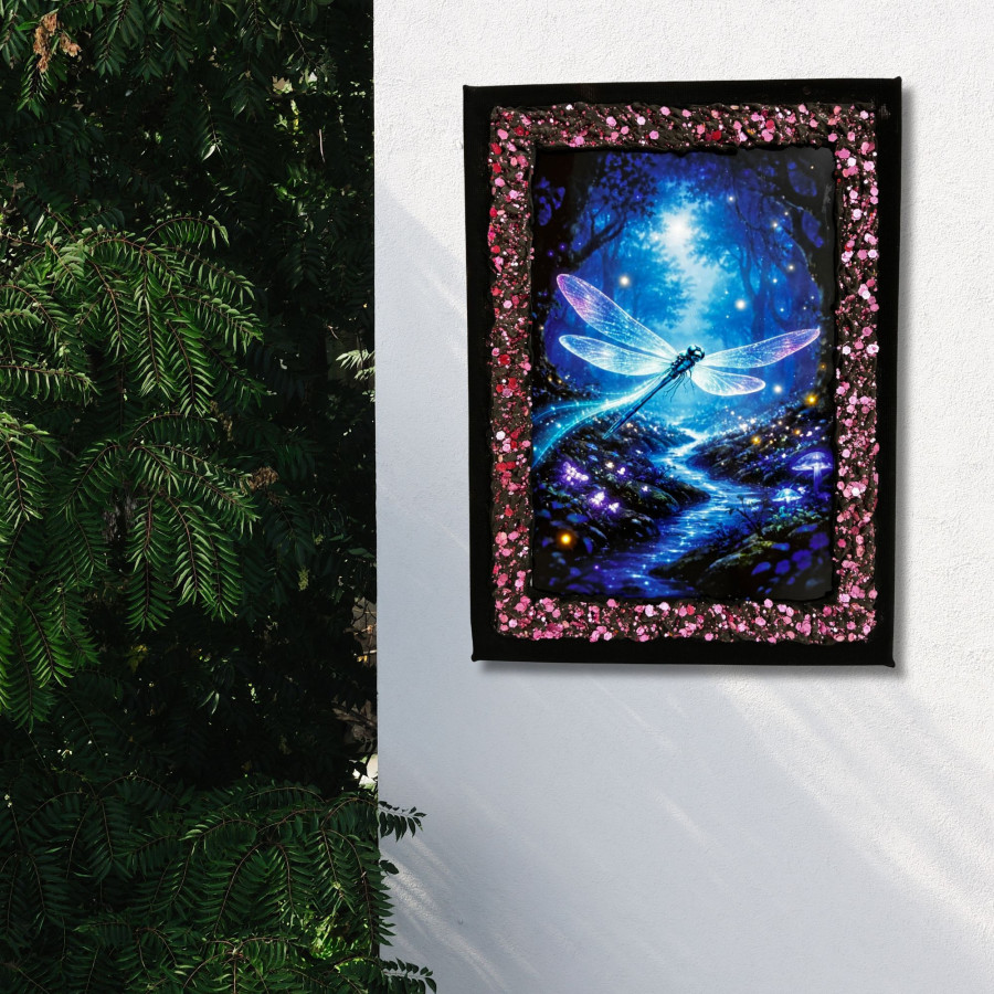 Cuadro libélula en bosque mágico decorado a mano colgado en pared
