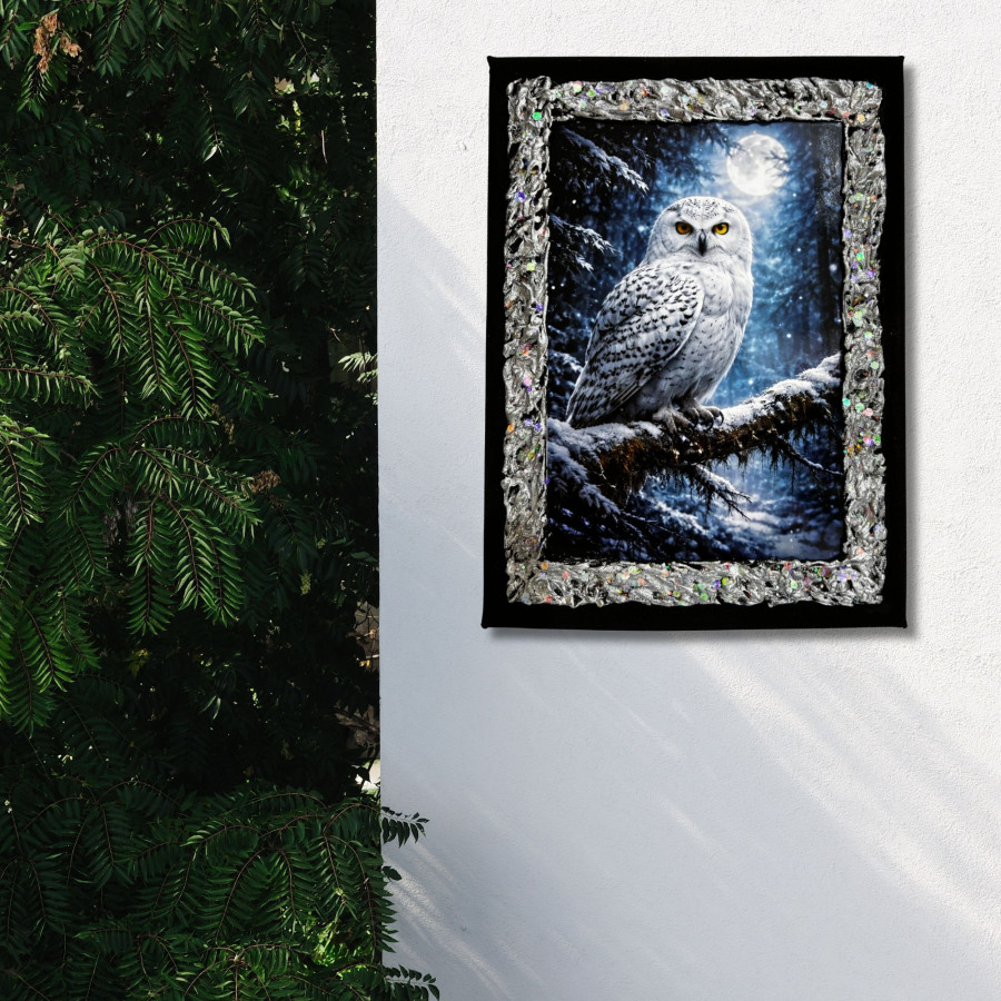 Cuadro búho blanco nocturno decorado a mano colgado en pared