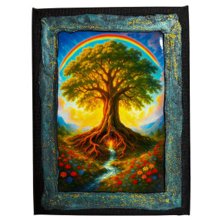Cuadro árbol de la vida luminoso con arcoíris y río en paisaje mágico