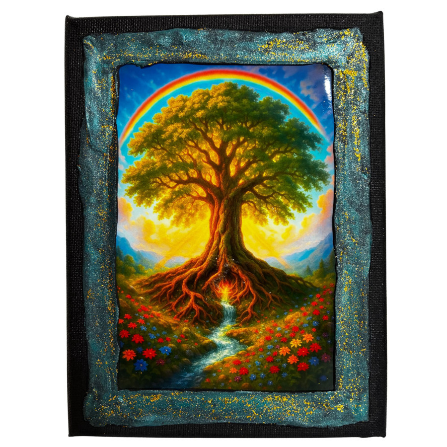 Cuadro árbol de la vida luminoso con arcoíris y río en paisaje mágico
