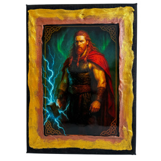 Cuadro de Thor con martillo Mjölnir y relámpagos en estilo mitología nórdica