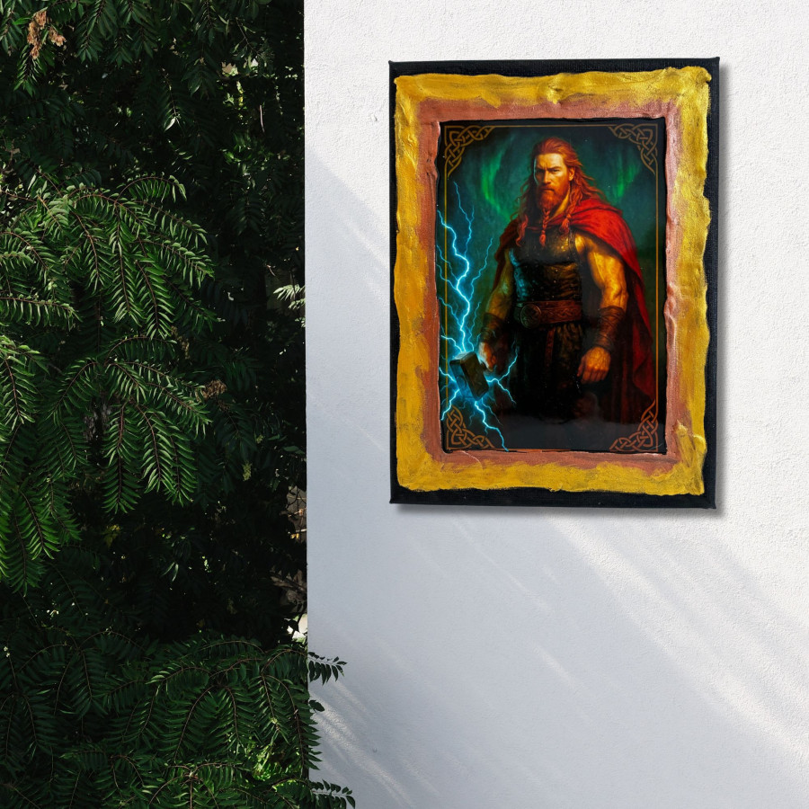 Cuadro de Thor con Mjölnir decorado a mano colgado en pared