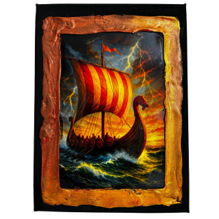 Cuadro drakkar vikingo navegando en tormenta con relámpagos