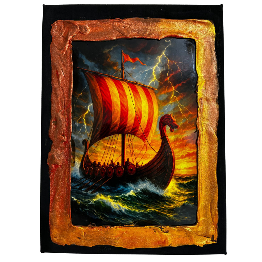 Cuadro drakkar vikingo navegando en tormenta con relámpagos