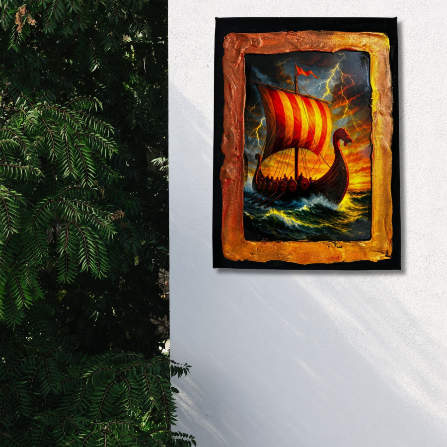 Cuadro drakkar vikingo decorado a mano colgado en pared