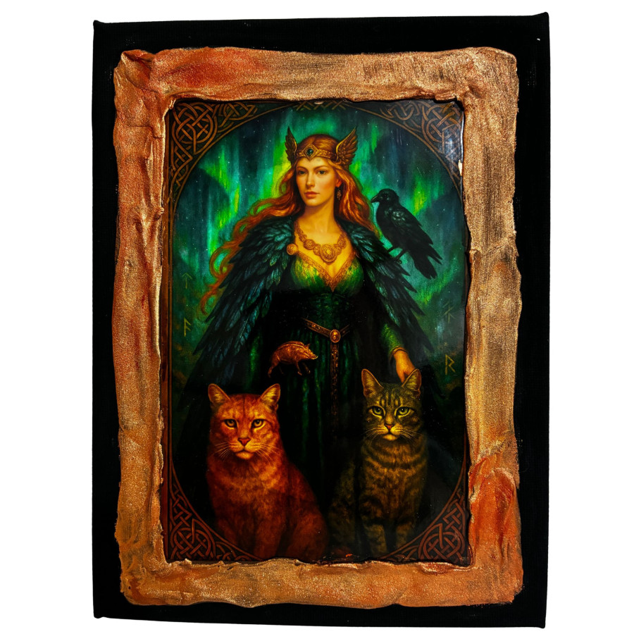 Cuadro de Freya diosa nórdica con gatos y cuervo en paisaje mágico